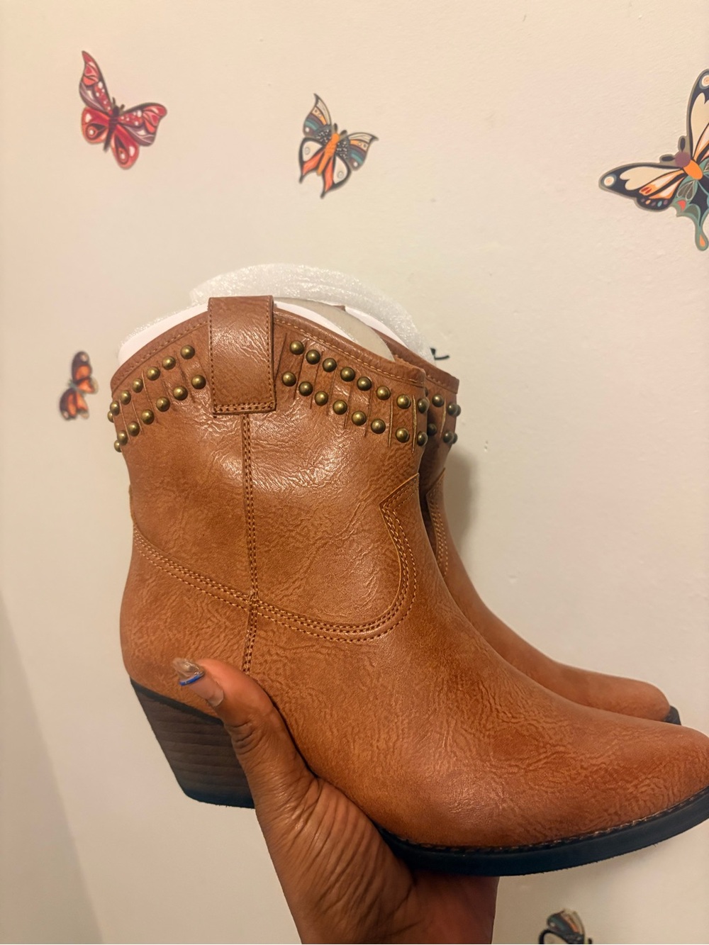 Very Volatile Brown Faux-Leather Studded Western Ankle Boots